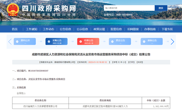 喜訊！瑞方人力中標(biāo)武侯區(qū)人社局靈活從業(yè)勞務(wù)市場運營服務(wù)采購項目 第1張