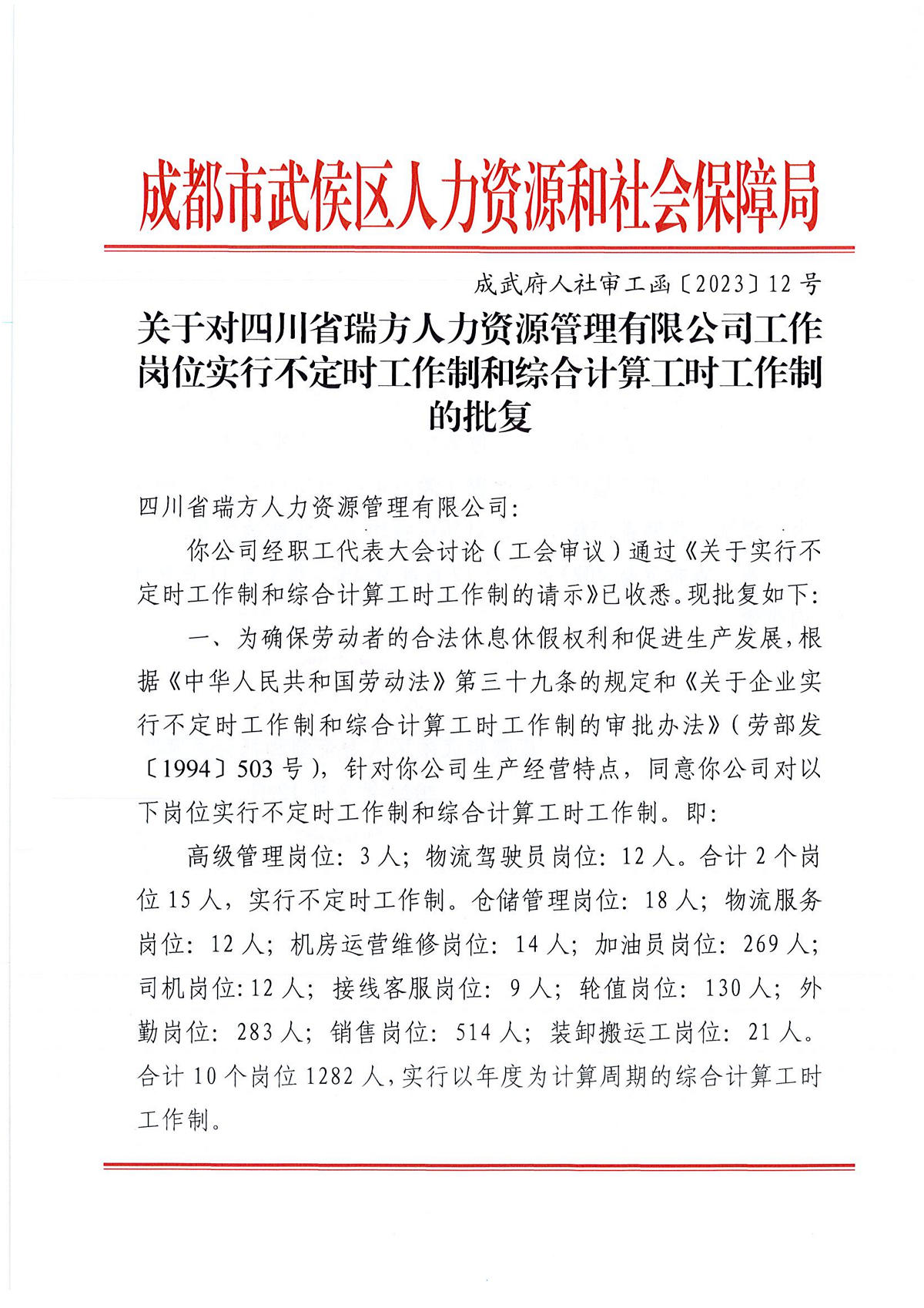 關(guān)于對四川省瑞方人力資源管理有限公司工作崗位實行不定時工作制和綜合計算工時工作制的批復 第1張